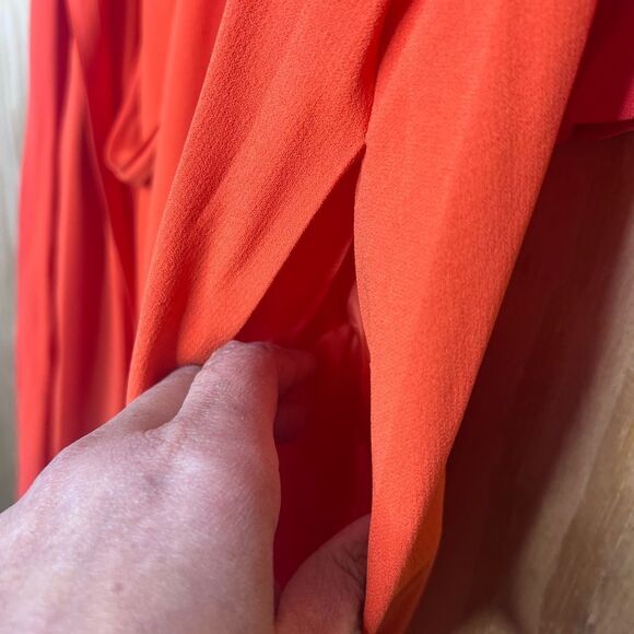 Bloomingdale’s Eileen Fisher 100% Silk Orange Midi Wrap Dress L Old Money Pretty - Picture 7 of 12